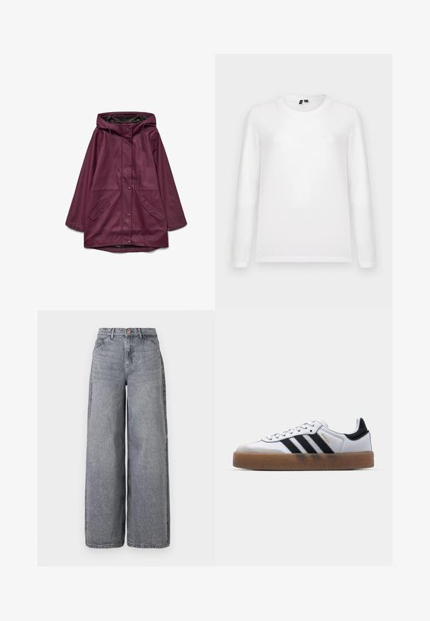 Bordeaux vandtæt parka med hætte, der har knaplukning og to forlommer; lavet af glat, slidstærkt materiale.; Lys grå baggrund med en liggende hvid langærmet t-shirt med rund hals og synlige mærker ved kraven.; Bredde ben denim jeans i en falmet grå vask, med fem lommer, en knaplukning og en blød tekstur med subtile fældningsdetaljer.; Hvide lædersneakers med sorte striber, gummirubber sål, rund tå, snørelukning og blød grå ruskinds tåhætte.