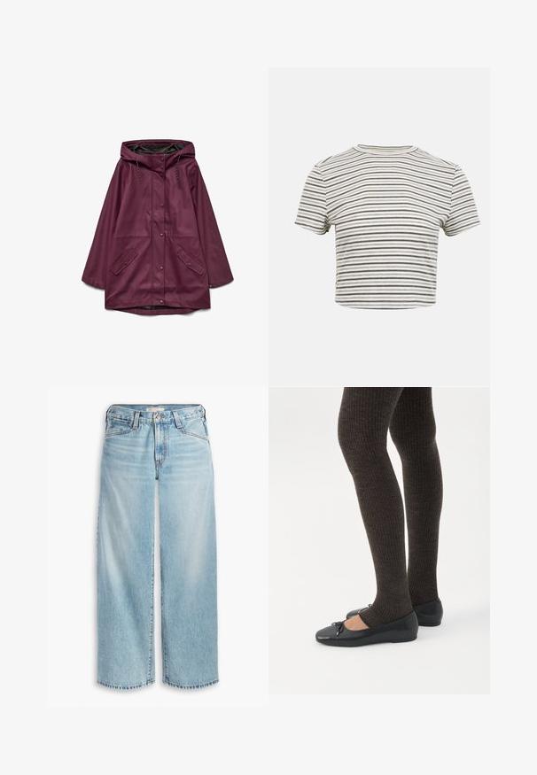 Bordeaux vandtæt parka med hætte, der har knaplukning og to forlommer; lavet af glat, slidstærkt materiale.; Kortærmet crop-top T-shirt med smalle sorte og hvide vandrette striber og rund halsudskæring på ensfarvet baggrund.; Lys blå brede jeans lavet af denim, med høj talje, knaplukning og frynsede kanter. Synlig syning og lommer.; Ben iført mørke ribbede leggings kombineret med sorte balletsko med små sløjfedetaljer på hvid baggrund.