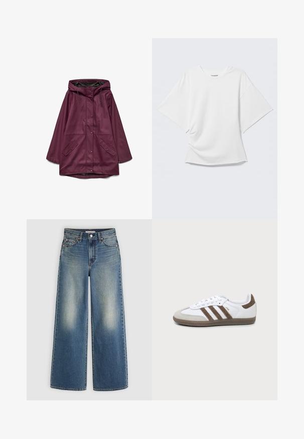 Bordeaux waterdichte parka met een capuchon, voorzien van een drukknoopsluiting en twee voorzakken; gemaakt van soepel, duurzaam materiaal.; Wit oversized T-shirt met korte mouwen en ronde hals, weergegeven op een lichtgrijze achtergrond.; Blauwe wijde spijkerbroek met vervaagde plekken op de dijen, knoopsluiting, riemlussen en voorzakken tegen een effen lichte achtergrond.; Witte en bruine Adidas Samba sneaker met drie bruine strepen, veters en een textuurs van boven- tot zool, getoond vanaf de zijkant op een effen achtergrond.