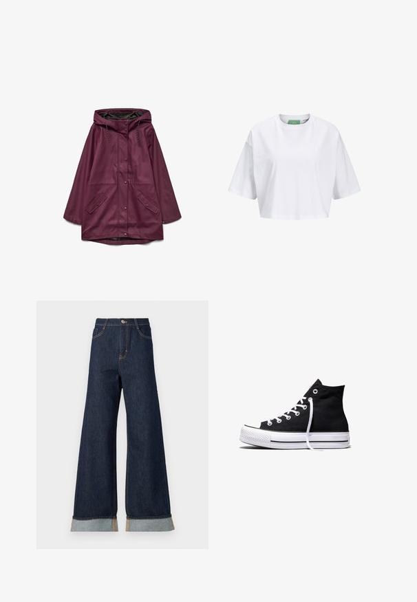 Parka imperméable bordeaux avec capuche, dotée d'une fermeture à boutons-pression et de deux poches avant ; fabriquée en matériau lisse et durable.; T-shirt blanc court en coton, avec des manches courtes et un col rond. Étiquette verte à l'intérieur avec le nom de la marque visible.; Jean en denim foncé à jambes larges avec des coutures orange, présentant une taille haute, deux poches avant et des ourlets retroussés mettant en valeur un tissu contrastant bleu clair.; Baskets montantes en toile noire avec semelle en caoutchouc blanche et lacets blancs, vues de côté sur un fond blanc.