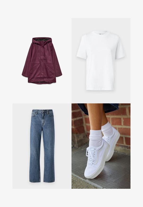 Bordeaux waterdichte parka met een capuchon, voorzien van een drukknoopsluiting en twee voorzakken; gemaakt van soepel, duurzaam materiaal.; Witte katoenen T-shirt met ronde hals, korte mouwen en een gladde textuur. Ontworpen met een comfortabele en veelzijdige relaxte pasvorm.; Lichtblauwe denim jeans met een klassiek recht model, vijf-pocket stijl en een knoopsluiting bij de tailleband.; Witte canvas sneakers met rubberen zolen, voorzien van zes vetertjes, een ronde neus en lichte stikdetails, gecombineerd met witte enkelsokken.