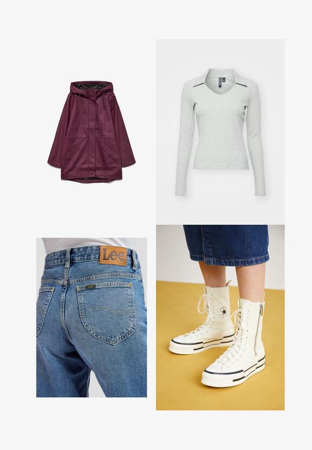 Parka imperméable bordeaux avec capuche, dotée d'une fermeture à boutons-pression et de deux poches avant ; fabriquée en matériau lisse et durable.; Haut gris clair à manches longues, en V avec col, fabriqué dans un tissu doux et texturé, présentant une coupe ajustée et un minimum de détails.; Jean bleu en denim avec poches arrière présentant des surpiqûres jaunes et une écusson en cuir marron de la marque Lee sur la ceinture.; Baskets montantes blanches avec une fermeture éclair, un design à lacets et des accents de rayures noires sur une semelle épaisse. Matériau en toile texturée.