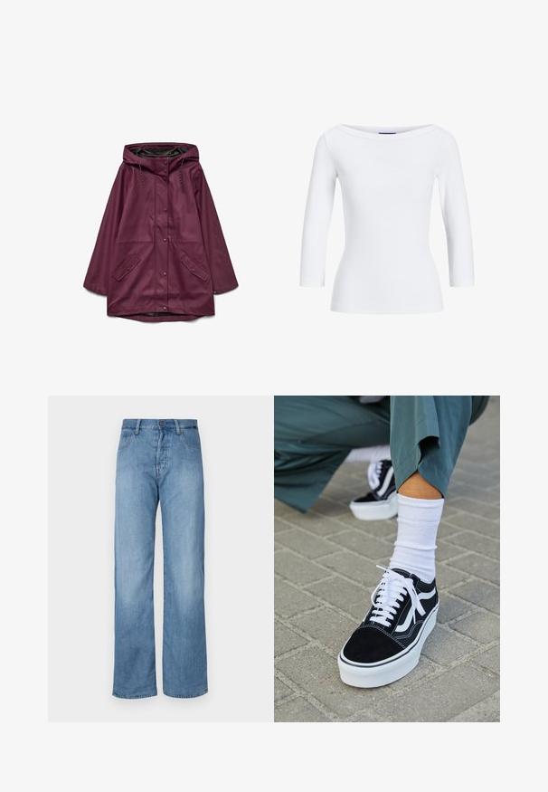 Burgundský nepremokavý parka s kapucňou, so zapínaním na patentky a dvoma prednými vreckami; vyrobený z hladkého, odolného materiálu.; Biela rebrovaná blúzka s dlhým rukávom a lodičkovým výstrihom. Tkanina je hladká, priliehavá a má čisté zakončenie na manžetách a leme.; Svetlo modré denimové nohavice s širokými nohavicami, klasickým dizajnom s piatimi vreckami, gombíkovým zapínaním a jemnými stehmi pozdĺž švov.; Čierne semišové tenisky s bielymi akcentmi a šnúrkami, s hrubou bielou podrážkou a kontrastným prešívaním, doplnené o bielu ponožku.