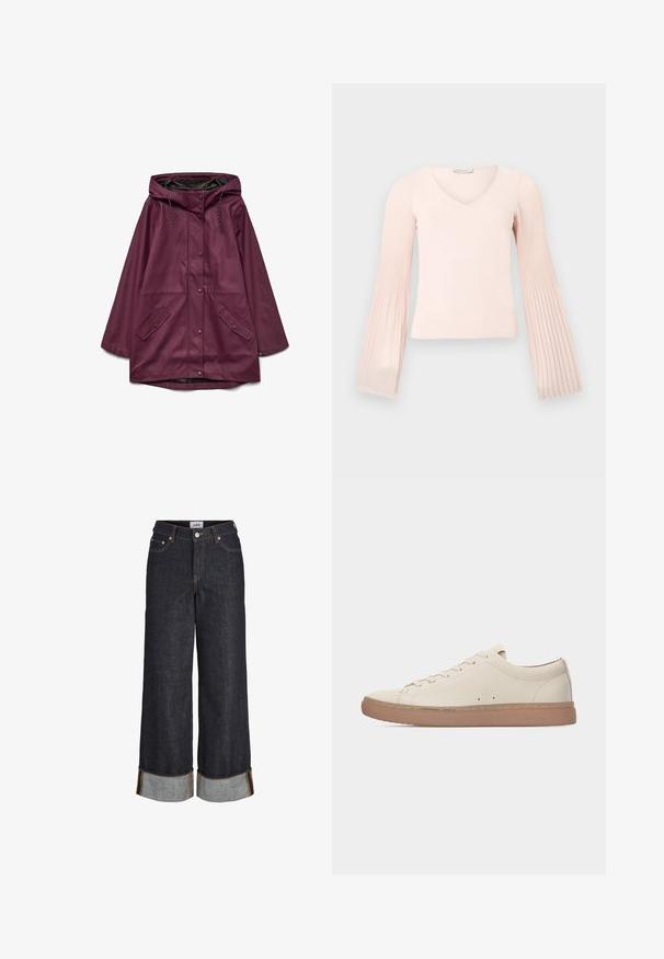 Burgundský nepremokavý parka s kapucňou, so zapínaním na patentky a dvoma prednými vreckami; vyrobený z hladkého, odolného materiálu.; Svetloružový top s dlhým rukávom a výstrihom do V, s plisovanými zvonovými rukávmi, zobrazený na jednoduchom svetlosivom pozadí.; Tmavomodré džínsy s širokými nohavicami, ohnutými lemami, piatimi vreckami a kontrastným žltým šitím.; Nízkoprofilová béžová kožená teniska s hnedou gumovou podrážkou, viazanie na šnúrky a minimálne prešívanie, zobrazená z bočného profilu na bielom pozadí.