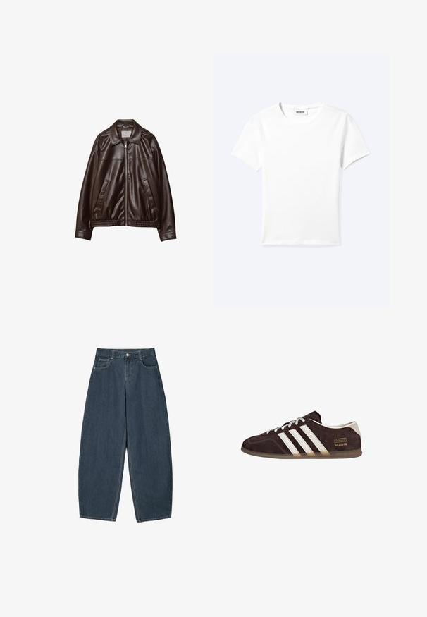 Mørkebrun imitær læderjakke med frontlynlås, krave, to skrå lommer og elastisk kant på hvid baggrund.; Ensfarvet hvid t-shirt med korte ærmer og rund halsudskæring med en lille "WEEKDAY" label indeni halskanten, vist fladt på en lys baggrund.; Mørkeblå denim buede bukser med høj talje, som har fem lommer og synlige stingdetaljer. Ren, minimalistik design.; Brune ruskindssneakers med tre hvide striber, gummisål og tekstlabel med ordene "Gazelle" i guld. Snørebåndsdesign med grå snørebånd.
