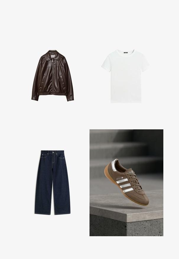 Mørkebrun imitær læderjakke med frontlynlås, krave, to skrå lommer og elastisk kant på hvid baggrund.; Almindelig hvid T-shirt med korte ærmer, rund halsudskæring og lille sort label inden i kraven.; Mørkeblå bukser i denim med vid ben, forlommer, knaplukning og synlige sømme på hvid baggrund.; Brun ruskindssneaker med hvide striber og sølvdetaljer, med tekstureret overdel, snørelukning og gummisål i caramelfarve.