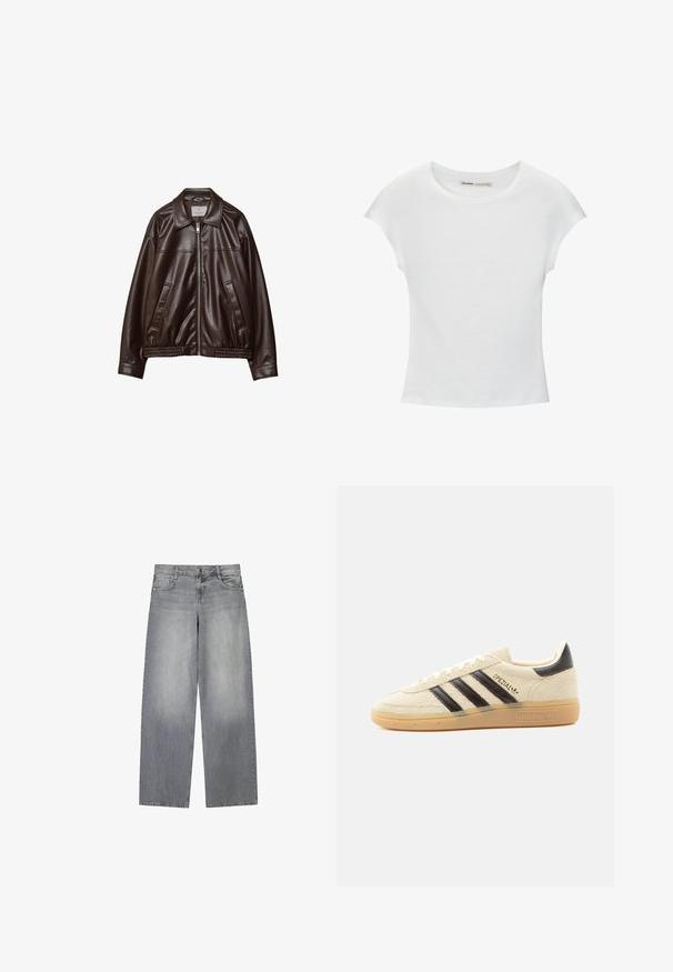Mørkebrun imitær læderjakke med frontlynlås, krave, to skrå lommer og elastisk kant på hvid baggrund.; Hvid bomuld t-shirt med korte, opsmøgede ærmer, rund halsudskæring og lige kant. Glat tekstur uden synlige mønstre eller detaljer.; Bredde-grå denim jeans med en let falmet finish, der har fem lommer, lukning med knap foran og bæltestropper.; Kremfarvet ruskindssneaker med sorte striber, gummisål, sort hælstrop og gyldent "SPEZIAL"-tekst på siden.