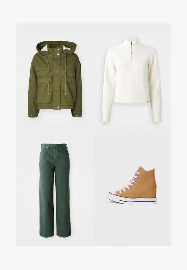 Veste vert olive avec capuche, boutons-pression, deux poches avant et une doublure douce et texturée. Dotée de cordons de serrage au niveau du col et de l'ourlet.; Pull-over blanc à col zippé et manches longues. Fabriqué en matériau tricoté doux, avec des poignets et un ourlet côtelés. Logo de la marque subtil à l'ourlet.; Jean large vert en denim. Caractéristiques : taille haute, jambes droites, poches avant et fermeture à bouton en métal.; Baskets montantes en toile beige avec des lacets blancs, un embout en caoutchouc, et une semelle à rayures noires. Fini texturé avec des détails de couture.