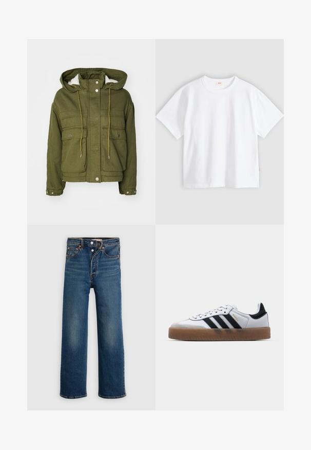 Veste vert olive avec capuche, boutons-pression, deux poches avant et une doublure douce et texturée. Dotée de cordons de serrage au niveau du col et de l'ourlet.; T-shirt en coton blanc à manches courtes, col rond, coupe décontractée, texture lisse, avec une petite étiquette logo sur la couture latérale gauche.; Jean en denim bleu foncé avec une coupe décontractée. Comprend un style à cinq poches, une fermeture à boutons et un léger délavage sur les cuisses.; Baskets en cuir blanc avec des rayures noires, semelle extérieure en caoutchouc beige, bout rond, fermeture lacée et embout en suède gris doux.
