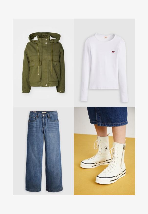Veste vert olive avec capuche, boutons-pression, deux poches avant et une doublure douce et texturée. Dotée de cordons de serrage au niveau du col et de l'ourlet.; Chemise Levi's blanche à manches longues avec col rond et petit logo rouge Levi's sur la poitrine gauche, présentée sur un fond uni.; Jeans larges en denim bleu, avec une taille haute, cinq poches et des coutures contrastantes en orange. Texture lisse, sans embellissements.; Baskets montantes blanches avec une fermeture éclair, un design à lacets et des accents de rayures noires sur une semelle épaisse. Matériau en toile texturée.