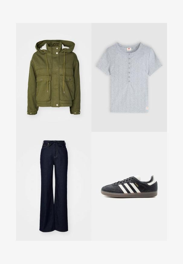 Veste vert olive avec capuche, boutons-pression, deux poches avant et une doublure douce et texturée. Dotée de cordons de serrage au niveau du col et de l'ourlet.; T-shirt côtelé gris clair à manches courtes avec un col rond et six boutons sur le devant, avec une petite étiquette rouge du logo Levi's en bas de l'ourlet.; Jean large en denim bleu foncé, avec une taille haute, des poches avant et une fermeture à lacer à la taille.; Baskets Adidas Samba noires avec des bandes blanches, semelle en gomme et texte doré "Samba" sur le côté, vues de profil gauche sur fond uni.