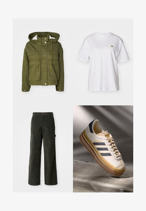 Veste vert olive avec capuche, boutons-pression, deux poches avant et une doublure douce et texturée. Dotée de cordons de serrage au niveau du col et de l'ourlet.; T-shirt en coton blanc avec une coupe décontractée, des manches courtes et un petit logo brodé sur la poitrine gauche.; Pantalons en velours côtelé vert foncé à coupe ample, jambes droites, poches avant et fermeture à bouton. Tissu texturé avec des côtes verticales.; Baskets Adidas Gazelle avec une tige en daim crème, des accents en cuir bleu, trois rayures bleues, une semelle intermédiaire beige et une semelle extérieure en caoutchouc marron.