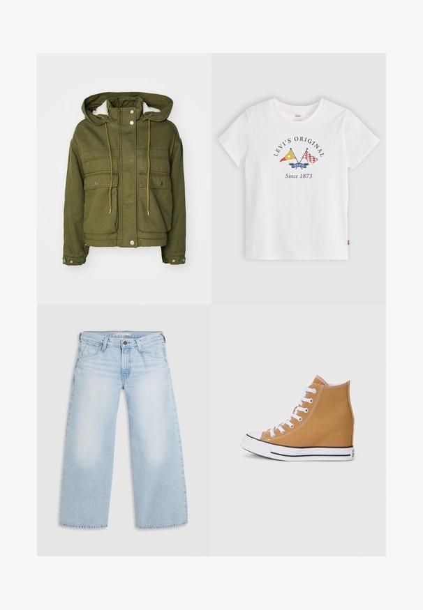 Veste vert olive avec capuche, boutons-pression, deux poches avant et une doublure douce et texturée. Dotée de cordons de serrage au niveau du col et de l'ourlet.; T-shirt blanc à manches courtes Levi's avec des drapeaux jaunes et rouges croisés et le texte "Levi's Original Since 1873" au centre devant.; Jean large bleu clair en denim. Présente une coupe droite, un design à cinq poches et une fermeture par bouton à la taille.; Baskets montantes en toile beige avec des lacets blancs, un embout en caoutchouc, et une semelle à rayures noires. Fini texturé avec des détails de couture.
