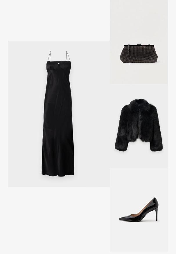 Veste courte en fausse fourrure noire avec une fermeture éclair devant, un col rond et un tissu texturé. Dotée de manches longues et d'un aspect doux.; Anna October TULIP MAXI DRESS - Robe de cocktail - black; Escarpin en cuir verni noir à talon haut avec bout pointu et talon aiguille, présenté de profil sur un fond blanc uni.; Pochette noire en mesh avec une silhouette structurée, ornée de petits clous métalliques, dotée d'une fermeture à clip et d'une bandoulière en chaîne détachable.