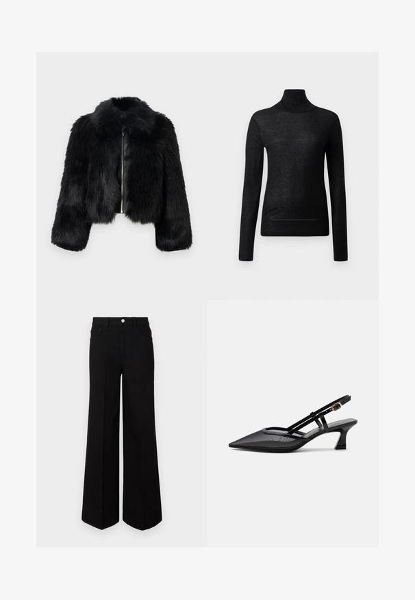 Veste courte en fausse fourrure noire avec une fermeture éclair devant, un col rond et un tissu texturé. Dotée de manches longues et d'un aspect doux.; Haut noir à manches longues et col roulé en tissu léger, avec une coupe ajustée et des détails de couture minimaux, idéal pour le superposition.; Jean large noir fabriqué dans un tissu robuste, avec une taille haute, des poches avant et une fermeture à bouton à l'avant. Ourlet plat en bas.; Chaussure slingback noire à bout pointu avec tige en mesh, fines brides, boucle dorée et petit talon incurvé sur fond blanc.