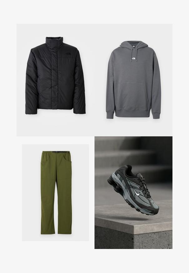 Schwarze isolierte Jacke mit hohem Kragen, ausgestattet mit einem durchgehenden Reißverschluss und einem Logo auf der linken Brust. Das Material wirkt glatt und plüschig.; Grauer Hoodie aus weichem Stoff, mit Kängurutasche, Kapuze mit Kordelzug, gerippten Bündchen und einem kleinen Logo auf der Brust.; Olivgrüne gerade geschnittene Hose mit elastischem Bund und schwarzem verstellbarem Schnallen-Gürtel, Vorder- und Seitentaschen, Details in der vorderen Naht.; Grauer und schwarzer Sportschuh mit Netzpaneelen und dicker Sohle, schwebend in der Luft über einer Betonmauer mit Treppen im Hintergrund.