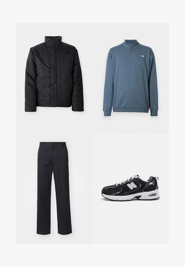 Schwarze isolierte Jacke mit hohem Kragen, ausgestattet mit einem durchgehenden Reißverschluss und einem Logo auf der linken Brust. Das Material wirkt glatt und plüschig.; Blauer Langarm-Quarter-Zip-Pullover mit Stehkragen und kleinem weißen The North Face-Logo auf der linken Brust.; Schwarze gerade geschnittene Hose aus einem Baumwollmischgewebe. Verfügt über einen flachen Bund mit Gürtelschlaufen und keinerlei sichtbare Hardware oder Verzierungen.; Schwarze und graue Sportschuhe mit Obermaterial aus Mesh und Wildleder, ausgestattet mit einer weißen Zwischensohle, Schnürsenkeln und einem markanten "N"-Logo an der Seite.