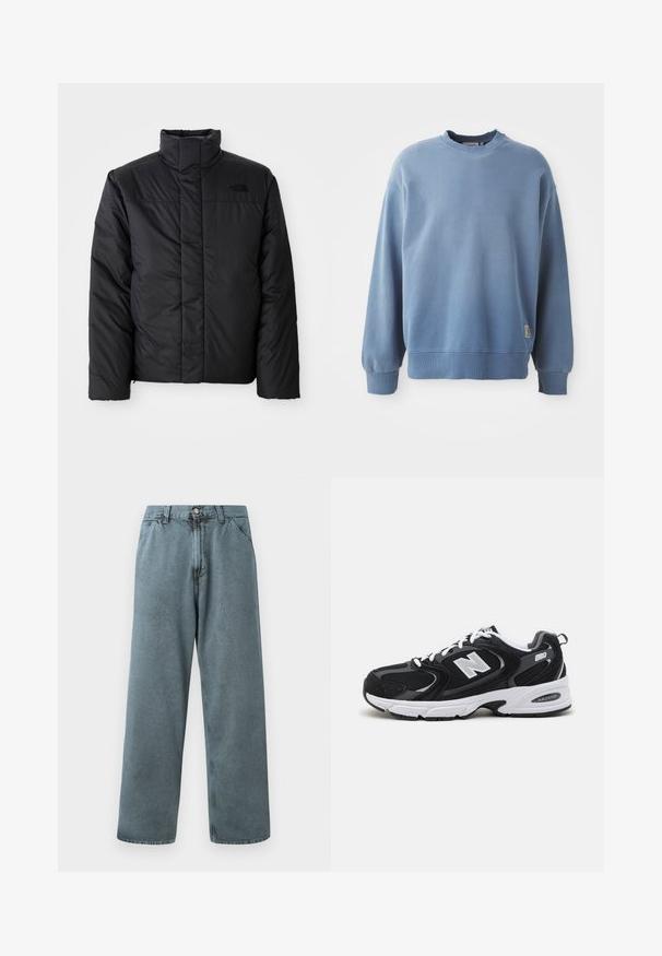 Sort isoleret jakke med høj krave, prydet med en lynlås front og et logo på venstre bryst. Materialet virker glat og fyldigt.; Lyseblå sweatshirt lavet af blødt stof, med rund hals, lange ærmer, ribbede manchetter og kant, samt et lille logotag nær bunden.; Lysblå denimbukser med lige benpasform, der har en klassisk knaplukning og fem-lomme design. Blød tekstur og minimale syningsdetaljer.; Sorte og grå sportssko med mesh og ruskind på overdelen, der har en hvid mellemsål, snørebånd og et iøjnefaldende "N" logo på siden.