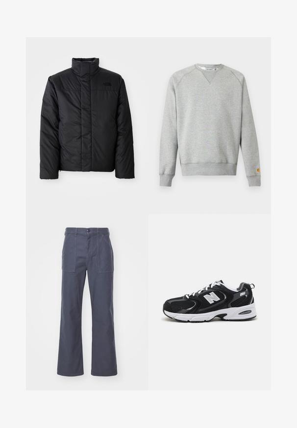 Sort isoleret jakke med høj krave, prydet med en lynlås front og et logo på venstre bryst. Materialet virker glat og fyldigt.; Lysegrå crewneck sweatshir t med lange ærmer, ribbede manchetter og kant, samt lille logo patch på venstre ærmekant.; Mørkegrå, vide bukser lavet af bomuld. Med to forlommer og knaplukning. Glat tekstur med et afslappet design.; Sorte og grå sportssko med mesh og ruskind på overdelen, der har en hvid mellemsål, snørebånd og et iøjnefaldende "N" logo på siden.