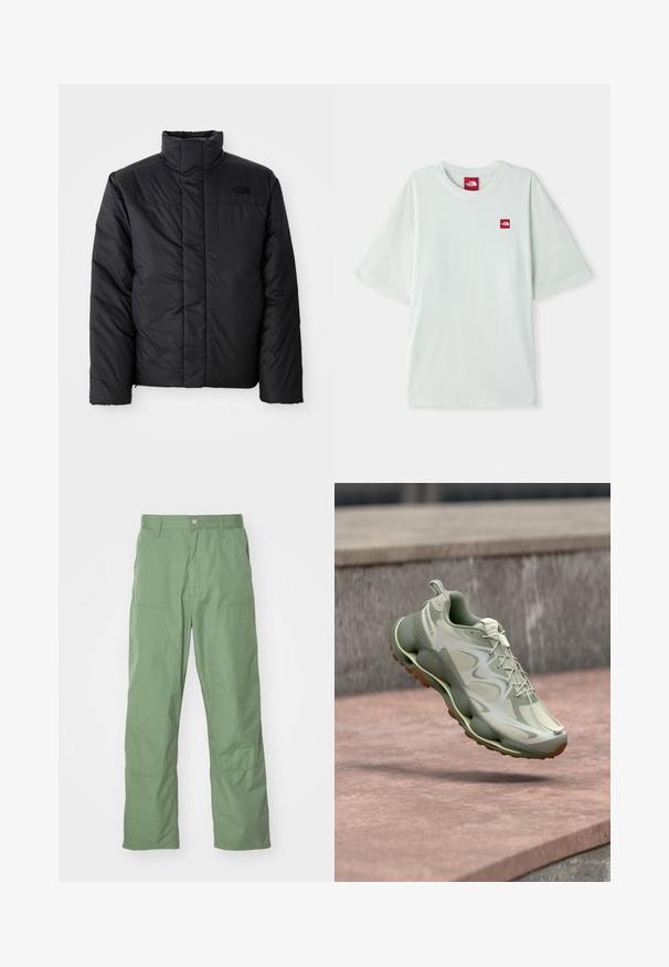 Sort isoleret jakke med høj krave, prydet med en lynlås front og et logo på venstre bryst. Materialet virker glat og fyldigt.; Lysegrøn kortærmet t-shirt lavet af blød bomuld, med et lille rødt logo på venstre brystområde. Løs pasform og rund halsudskæring.; Lysgrønne, afslappede bukser med en glat tekstur, der har sidelommer og synlige syninger. Hel længde med et lige ben-design.; Lysegrøn atletiksko med tyk, polstret sål og mesh-detaljer, svævende over stentrapper i udendørs omgivelser.