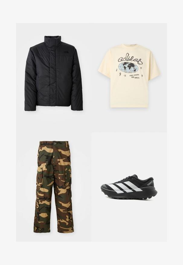 Čierna zateplená bunda s vysokým golierom, s predným zipsom a logom na ľavom hrudníku. Materiál sa zdá byť hladký a nadýchaný.; Krémové tričko Adidas s ručne kreslenou glóbusom, hviezdami a textom „Tri pruhy. Jeden svet.“ na prednej strane.; Maskáčové cargo nohavice v zelenej, hnedej a béžovej farbe. Obsahujú dve veľké bočné vrecká a zapínanie na gombík. Vyrobené z textúrovaného materiálu.; Čierno-biela trailová bežecká obuv Adidas Terrex s hrubou podrážkou a drážkovanou vonkajšou podrážkou, bočný pohľad na jednofarebnom svetlom pozadí.