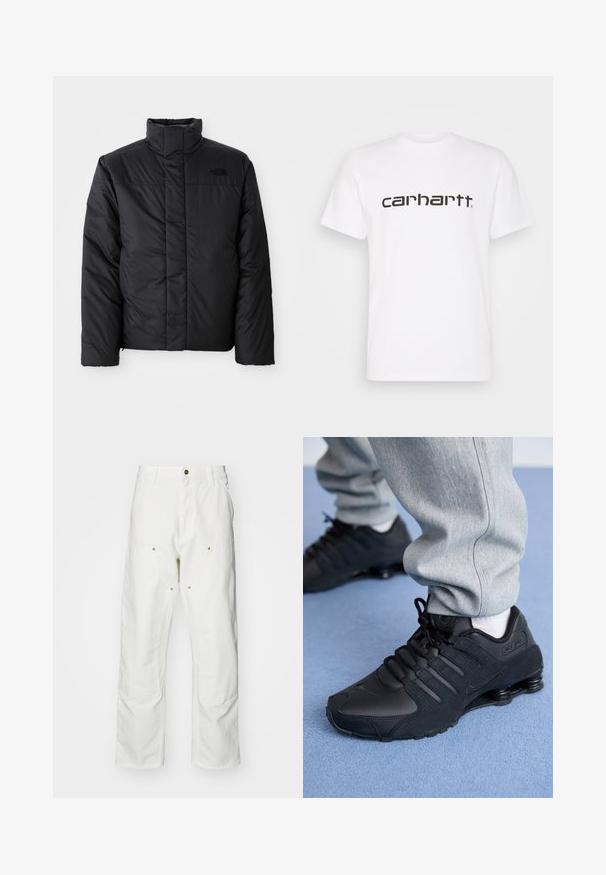 Schwarze isolierte Jacke mit hohem Kragen, ausgestattet mit einem durchgehenden Reißverschluss und einem Logo auf der linken Brust. Das Material wirkt glatt und plüschig.; Weißes Baumwoll-T-Shirt mit kurzen Ärmeln und Rundhalsausschnitt. Mit großem "Carhartt"-Logo in Dunkelbraun über der Brust.; Weiße Baumwoll-Cargohose mit lockerer Passform. Zu den Merkmalen gehören Fronttaschen, goldfarbene Hardware-Akzente und verstärkte Kniebereiche.; Person in schwarzen Nike Shox Sneakers und grauen Jogginghosen, der auf einem hellblauen Teppich steht.