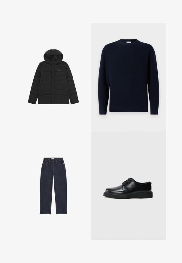 Doudoune noire avec capuche, présentant un design matelassé, une texture lisse et deux poches avant. Logo discret sur la poitrine.; Pull en tricot côtelé bleu marine avec un col rond, des manches longues et une coupe décontractée. Texture douce, design minimaliste et sans motifs visibles.; Jean denim bleu foncé à coupe droite avec une taille haute, doté de poches avant et de détails de surpiqûres contrastantes. Aucun signe d'usure visible.; Chaussures à lacets en cuir noir avec un bout arrondi, une finition lisse et une semelle en caoutchouc noir texturée. Design minimaliste sans motifs visibles.