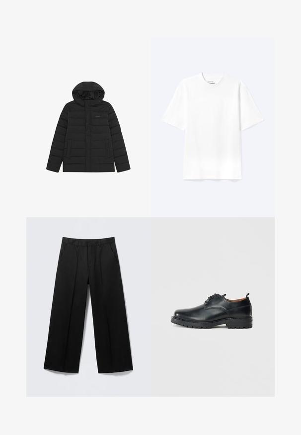 Doudoune noire avec capuche, présentant un design matelassé, une texture lisse et deux poches avant. Logo discret sur la poitrine.; T-shirt blanc uni à manches courtes et col rond avec une coupe décontractée, présenté sur un fond clair.; Pantalon large noir avec passants pour ceinture, poches avant et fermeture éclair, présenté sur un fond gris clair.; Chaussures derby en cuir noir avec une texture lisse, bout rond, design à lacets et une semelle en caoutchouc épaisse et robuste.