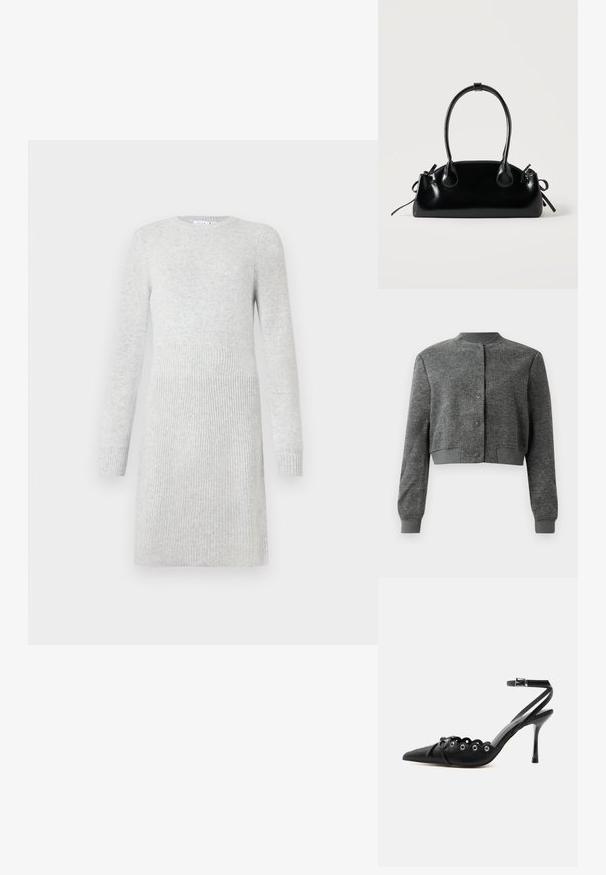 Grau gekürzte Jacke aus strukturiertem Stoff, mit Rundhalsausschnitt, vorderen Druckknöpfen und gerippten Manschetten.; Hellgraues, gestricktes Kleid mit langen Ärmeln und geripptem Muster im unteren Teil, tailliert und mit Rundhalsausschnitt.; Schwarzer, spitzer High-Heel-Schuh mit geschwungenen Kanten, Metallösen, Schnürung vorne und Knöchelriemen mit Schnallverschluss.; Kleine schwarze glänzende Handtasche mit zwei langen Griffen und seitlichen Kordelzug-Details vor einfachem hellem Hintergrund.