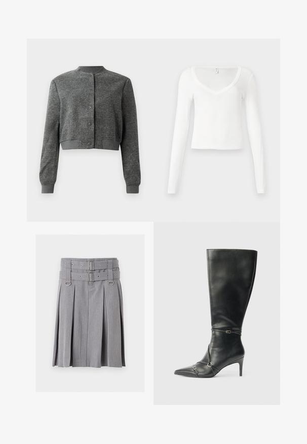 Grau gekürzte Jacke aus strukturiertem Stoff, mit Rundhalsausschnitt, vorderen Druckknöpfen und gerippten Manschetten.; Weißes, langärmliges, tailliertes V-Ausschnitt-Cropped-Shirt mit einfacher, glatter Stoffstruktur vor neutralem Hintergrund.; Grauer, plissierter Rock mit Nadelstreifen, Doppelgürtel und silbernen Schnallen, mit D-Ring-Akzenten an der Taille.; Schwarze kniehohe Lederstiefel mit schlankem Absatz, spitz zulaufender Spitze und Riemendetails am Knöchel. Glatte Textur und eng anliegendes Design.
