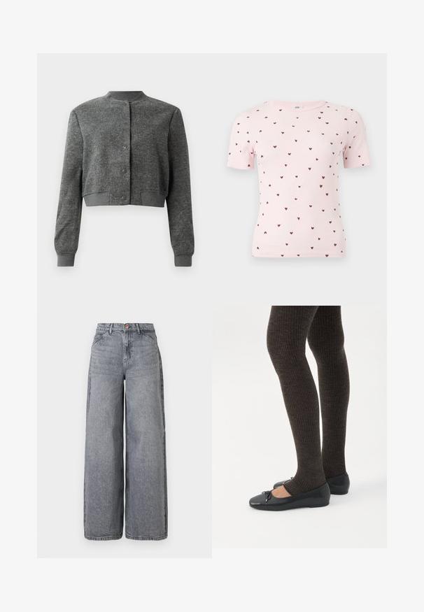 Grijze cropped jas van textuurstof, met een ronde halslijn, voorste drukknoopsluiting en geribde mouwen.; Lichtroze geribd T-shirt met korte mouwen, kleine verspreide donkerrode hartpatronen, ronde halslijn en een aansluitende pasvorm.; Wijde denim jeans in een vervaagde grijze was, met vijf zakken, een knoopsluiting en een zachte textuur met subtiele whiskerdetails.; Benen met donkere geribbelde leggings gecombineerd met zwarte ballerina's met kleine strikdetails op een witte achtergrond.
