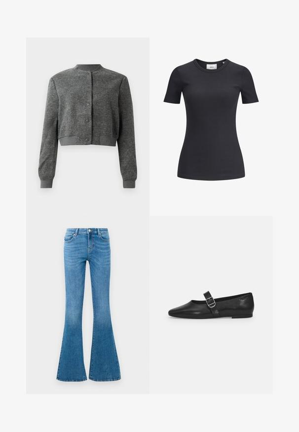 Chaqueta gris corta hecha de tejido texturizado, con un cuello redondo, botones a presión en el frente y puños acanalados.; Camiseta negra de manga corta con cuello redondo. Fabricada con una tela suave y elástica, que presenta una textura sutil y una silueta ajustada.; Jeans de mezclilla azul acampanados con una cintura de media altura, que cuentan con cinco bolsillos, un cierre de botón estándar y un ligero desgastado para dar textura.; Zapato plano de cuero negro con punta redondeada, una sola correa ajustable con hebilla y una textura suave y brillante. Diseño minimalista con un tacón bajo.