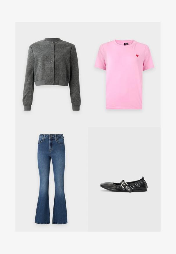 Grau gekürzte Jacke aus strukturiertem Stoff, mit Rundhalsausschnitt, vorderen Druckknöpfen und gerippten Manschetten.; Rosa T-Shirt mit kurzen Ärmeln und Rundhalsausschnitt, mit einem kleinen roten Herz auf der linken Brust bestickt.; Ausgestellte blaue Jeans aus Denim mit hoher Taille, ausgestattet mit einem klassischen Fünf-Taschen-Design und einem Knopfverschluss. Weiche Textur mit leichten Verwaschungseffekten.; Schwarze Leder-Ballerinas mit spitzem Zehenbereich, gerafften Details am Schaft und einem silbernen Schnallenakzent am verstellbaren Riemen.