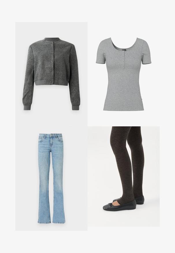 Chaqueta gris corta hecha de tejido texturizado, con un cuello redondo, botones a presión en el frente y puños acanalados.; Top gris de manga corta con costillas, escote en forma de U y cuatro pequeños botones en el centro delantero.; Vaqueros de mezclilla azul claro con cintura alta y piernas acampanadas, con bolsillos delanteros, trabillas para cinturón y cierre de botón.; Piernas con leggings oscuros acanalados combinados con bailarinas negras que presentan pequeños detalles de lazo sobre un fondo blanco.