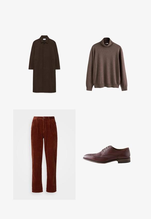 Hnedý vlnený kabát s rovnými strihom, raglánovými rukávmi, golierom a bočnými vreckami. Obsahuje zapínanie na gombík a elegantný, minimalistický dizajn.; Hnedý sveter s rolákom vyrobený z mäkkej látky. Má dlhé rukávy a voľný strih, s rebrovaným golierom a detailmi na leme.; Kordúrové nohavice v bohatej hnedej farbe; majú preložený predok, rovné nohavice a zapínanie na gombík v páse.; Hnedá kožená pánska spoločenská obuv s brogue detailmi, šnúrkami a nízkym vrstveným podpätkom, zobrazená z vonkajšej strany na bielom pozadí.