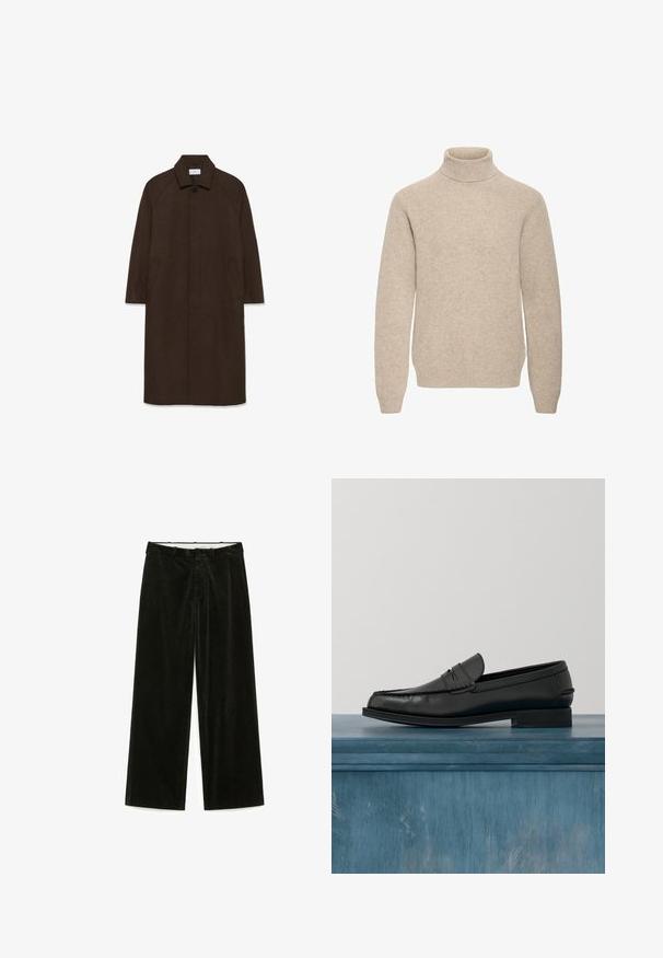 Hnedý vlnený kabát s rovnými strihom, raglánovými rukávmi, golierom a bočnými vreckami. Obsahuje zapínanie na gombík a elegantný, minimalistický dizajn.; Béžový rolák z mäkkého pleteného materiálu. Má rebrovaný golier a dlhé rukávy s mierne voľným strihom.; Čierne manšestrové nohavice s širokými nohavicami a textúrovaným povrchom, s klasickým opaskom bez viditeľných vreciek alebo ozdôb.; Čierne kožené mokasíny s elegantným dizajnom, vybavené prešitým špičkou a hladkým povrchom. Topánka má nízky podpätok a minimálne zdobenie.