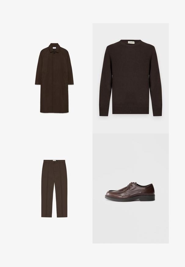 Brauner Wollmantel mit geradem Schnitt, Raglanärmeln, einem Kragen und seitlichen Taschen. Verfügt über einen Knopfverschluss und ein elegantes, minimalistisches Design.; Brauner Strickpullover mit Rundhalsausschnitt, gerippten Bündchen und Saum. Glatte Textur ohne Muster oder Akzente. Schlichtes Design und klassische Form.; Braune, maßgeschneiderte Hose mit geradem Bein, Gürtelschlaufen, Vorderentaschen, Knopf- und Reißverschluss vorne.; Braune Lederdressschuhe mit einer abgerundeten Spitze, minimalen Nähakzenten und einer robusten schwarzen Sohle. Verfügt über eine Schnürung und eine glatte Textur.