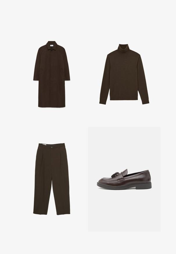 Hnedý vlnený kabát s rovnými strihom, raglánovými rukávmi, golierom a bočnými vreckami. Obsahuje zapínanie na gombík a elegantný, minimalistický dizajn.; Tmavohnedý rolák vyrobený z jemnej zmesi bavlny, s priliehavým strihom, dlhými rukávmi a rebrovaným golierom a manžetami.; Tmavohnedé nohavice na mieru s prednými skladmi, pútkami na opasok a zapínaním na gombík v oblasti pásu.; Hnedé kožené loafers so zaoblenou špičkou, ozdobným strapcom, prešitím a nízkym gumovým opätkom pre väčšie pohodlie.