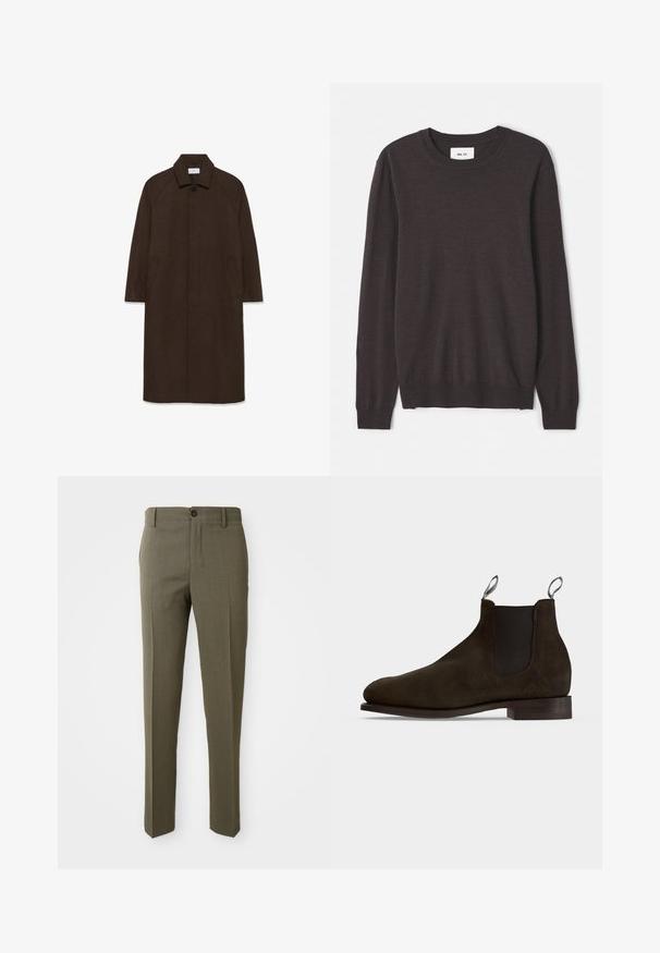 Brun uldfrakke med lige snit, raglan ærmer, krave og sidelommer. Har en knaplukning og et strømlinet, minimalistisk design.; Mørkebrun striktrøje med rund halsudskæring, lange ærmer, ribbede manchetter og kant, glat tekstur og minimal branding.; Olivengrønne skræddersyede bukser med en glat overflade, lige bendesign, enkelt foretrukket knap og sidelommer for funktionalitet.; Mørkebrun ruskind Chelsea-støvle med elastiske sidepaneler, trækflapper foran og bagpå samt lav stablet hæl på en lys baggrund.