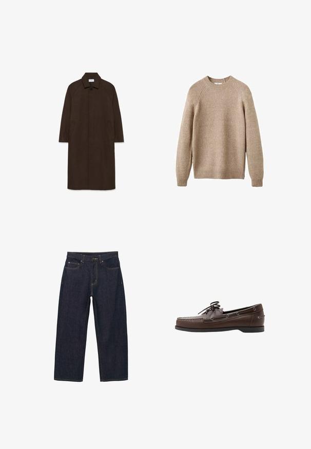 Bruine wollen jas met een rechte snit, raglanmouwen, een kraag en zijzakken. Voorzien van een knoopsluiting en een strakke, minimalistische uitstraling.; Beige gebreide trui met ronde hals, ribgebreide mouwen en onderrand. Heeft een textuurafwerking en raglanmouwen. Klassieke pasvorm.; Donkerblauwe spijkerbroek met een losse pasvorm, voorzien van gouden stiksels, een knoopsluiting aan de voorkant en twee zijzakken.; Bruine leren boot schoen met moc-toe stiksel, veters aan de voorkant en een lage zwarte rubberen zool, zijaanzicht op een witte achtergrond.