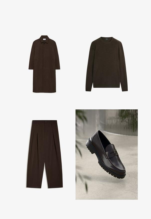 Brun uldfrakke med lige snit, raglan ærmer, krave og sidelommer. Har en knaplukning og et strømlinet, minimalistisk design.; Brun langærmet rundhalset sweater lavet af strikket stof, vist fladt på en hvid baggrund uden synlige mønstre eller logoer.; Højtaljede mørkebrune viddebukser med forkantsfolder, bæltestropper, knaplukning og rene kantede kanter.; Brune læder loafers med en tekstureret, rippet gummisål. Har et slankt design og et dekorativt bånd over vristen.