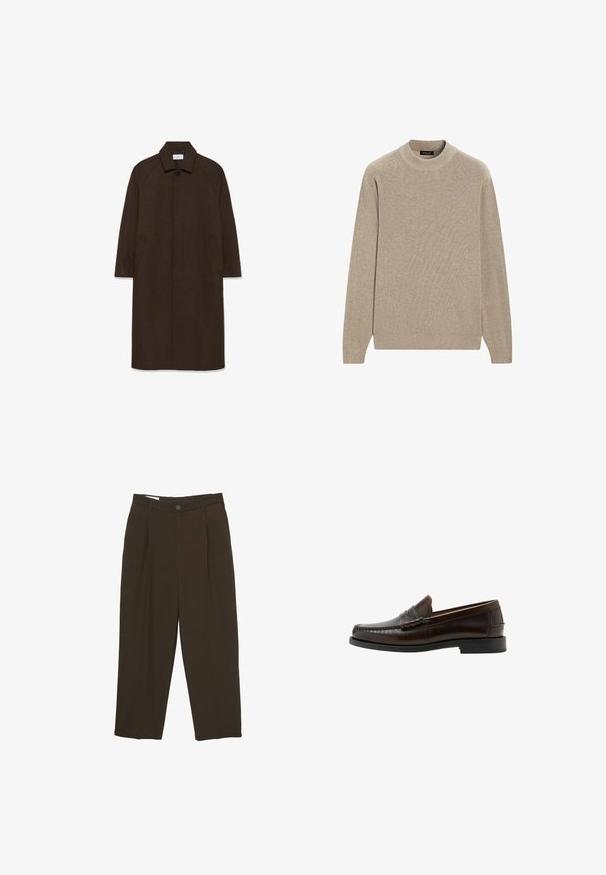 Bruine wollen jas met een rechte snit, raglanmouwen, een kraag en zijzakken. Voorzien van een knoopsluiting en een strakke, minimalistische uitstraling.; Beige gebreide trui met een hoge hals, lange mouwen en een geribbelde textuur. Simpel ontwerp, zonder patronen of versieringen.; Donkere bruine op maat gemaakte broeken met voorplooien, riemlussen en een knoopsluiting in de taille.; Donkerbruine leren penny loafer met gestikte moc-toe, lage hak en gladde afwerking, zijaanzicht op witte achtergrond.