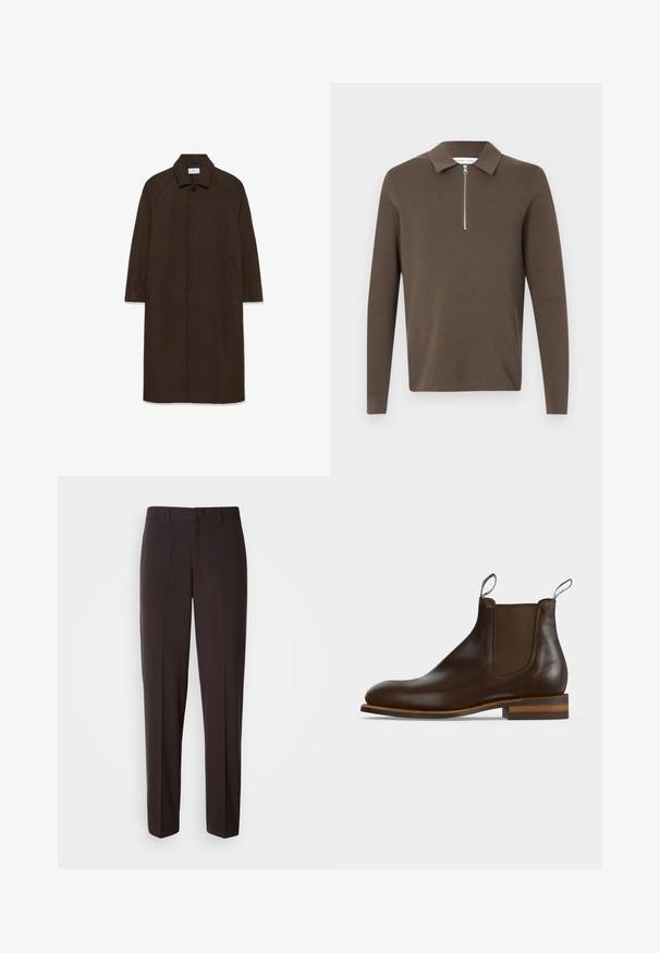 Bruine wollen jas met een rechte snit, raglanmouwen, een kraag en zijzakken. Voorzien van een knoopsluiting en een strakke, minimalistische uitstraling.; Bruine lange mouwen gebreide pullover met een kraag en een halve rits in het zilver aan de voorkant.; Zwarte, op maat gemaakte broek met rechte pijpen, voorzien van een gladde textuur en een tailleband met een enkele knoopsluiting.; Donkerbruine leren Chelsea-boot met elastisch zijpaneel, trekbandjes aan voorkant en achterkant, lage gestapelde hak en afgeronde neus.