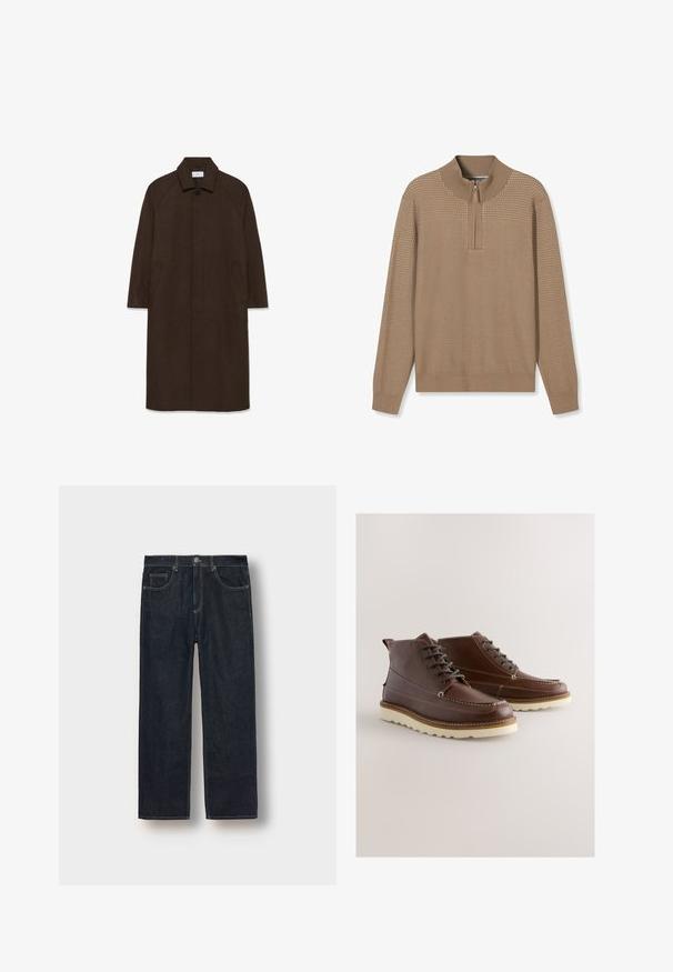 Brauner Wollmantel mit geradem Schnitt, Raglanärmeln, einem Kragen und seitlichen Taschen. Verfügt über einen Knopfverschluss und ein elegantes, minimalistisches Design.; Beiger Pullover mit halbem Reißverschluss am Kragen, strukturiertem Muster sowie gerippten Bündchen und Saum. Hergestellt aus weichem, gestricktem Material.; Dunkelblaue gerade geschnittene Jeans aus Denim-Stoff, mit Gürtelschlaufen, vorderen Taschen und kontrastierenden Nähten. Minimalistisches Design ohne Verzierungen.; Braune Lederstiefel mit Schnürdesign, weißen Nähten und einer kontrastierenden Sohle. Verfügt über eine abgerundete Spitze und knöchelhohe Form.
