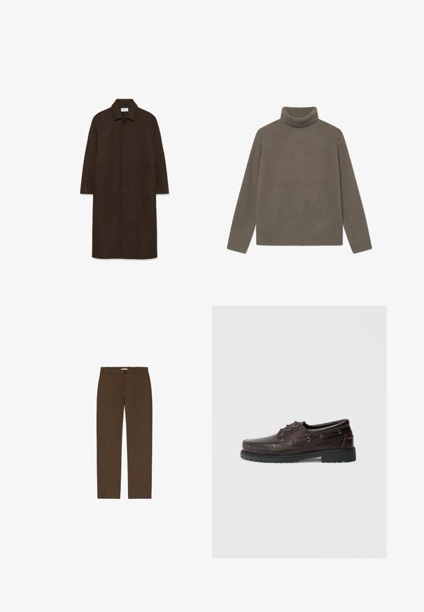 Hnedý vlnený kabát s rovnými strihom, raglánovými rukávmi, golierom a bočnými vreckami. Obsahuje zapínanie na gombík a elegantný, minimalistický dizajn.; Hladký rolákový sveter v tlmenej olivovej zelenej farbe, s dlhými rukávmi a priliehavým strihom. Vyrobený z mäkkej, textúrovanej pleteniny.; Hnedé nohavice s rovnými nohavicami vyrobené z textúrneho materiálu. Obsahujú predné zapínanie na gombík a pútka na opasok. Bez viditeľných vreciek alebo vzorov.; Hnedé kožené topánky s krokodíľou textúrou, guľatou špičkou, šnurovacím dizajnom, striebornými očkami a čiernou gumovou podrážkou s protišmykovým vzorom.