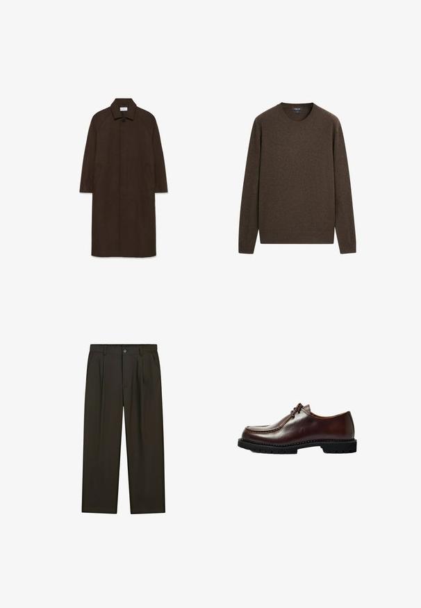 Brun uldfrakke med lige snit, raglan ærmer, krave og sidelommer. Har en knaplukning og et strømlinet, minimalistisk design.; Brun langærmet rundhalset sweater med enkel, glat tekstur samt ribstrikkede manchetter og kant.; Mørkebrune bukser med lige ben, forplissering foran, bæltestropper, sidelommer og knaplukning i taljen.; Brune lædersko med rund tå, syninger og en sort gummisål med et tekstureret mønster. Ren design.