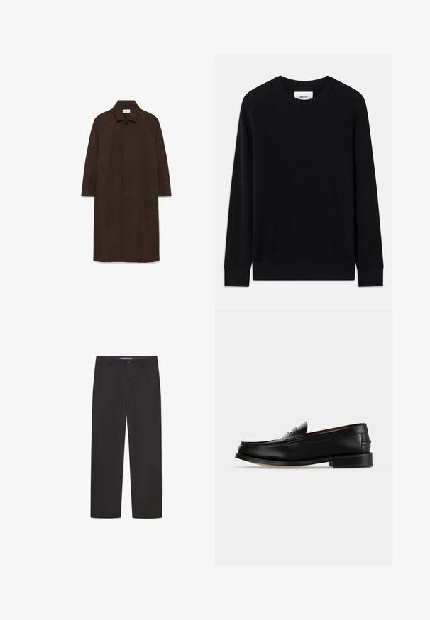 Brun uldfrakke med lige snit, raglan ærmer, krave og sidelommer. Har en knaplukning og et strømlinet, minimalistisk design.; Sort ribbet sweater med rund halsudskæring, lange ærmer og strikket tekstur. Har en lige kant og en subtil brandinglabel indeni.; Sorte bukser lavet af glat stof, med et lige ben design, en talje med knaplukning og uden synlige mønstre eller accenter.; Sort læder herre loafer med lav hæl og mokkasinsyning på tåen, vist fra siden på en ensfarvet baggrund.