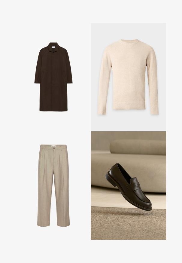 Hnedý vlnený kabát s rovnými strihom, raglánovými rukávmi, golierom a bočnými vreckami. Obsahuje zapínanie na gombík a elegantný, minimalistický dizajn.; Béžový dlhý pletený sveter s okrúhlym výstrihom a rebrovanými manžetami a spodným lemom na jednofarebnom svetlosivom pozadí.; Béžové nohavice na mieru s voľným strihom, skladaným predným dielom a zapínaním na gombík. Vyrobené z textúrovanej tkaniny s rovnými nohavicami.; Jediný tmavohnedý kožený mokasín sa vznáša nad béžovým, textúrovaným kobercom, v pozadí je rozmazaný béžový gauč.