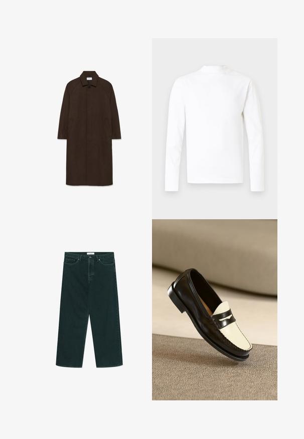 Brun uldfrakke med lige snit, raglan ærmer, krave og sidelommer. Har en knaplukning og et strømlinet, minimalistisk design.; Hvid skjorte med lange ærmer og høj hals i glat bomuldsstof. Har et enkelt design uden synlige mønstre eller detaljer.; Mørkegrønne vidde denimjeans med knap- og lynlås lukning, forlommer og bæltestropper, liggende fladt på en hvid baggrund.; Sort læderloafer med en cremefarvet vamp og sorte accentstriber, som har en lav hæl og detaljeret syning langs kanterne.