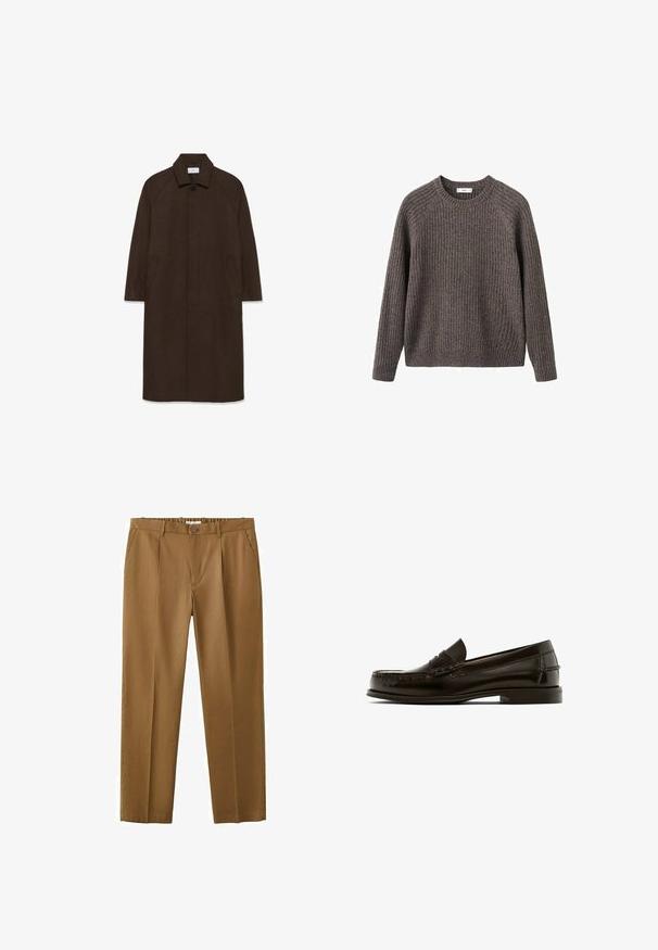 Brun uldfrakke med lige snit, raglan ærmer, krave og sidelommer. Har en knaplukning og et strømlinet, minimalistisk design.; Brun ribbet sweater med rund halsudskæring, lange ærmer og en afslappet pasform. Tekstureret strikkemønster over det hele.; Brune, højtaljede bukser med lige ben, der har sidelommer, lynlås foran og en diskret struktur.; Brune læderloafer med rund tå, dekorativ syning og lav hæl. Glat tekstur med minimal hardware og klassisk design.
